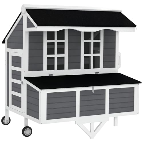 Image of PawHut 43 inch Chicken Coop with Wheels, Mobile Chicken House with Nesting Box, Windows, Pull-Out Tray, Perches, Wooden Chicken Tractor for 2-4 Hens, Rabbits, for Backyard, Patio, Gray