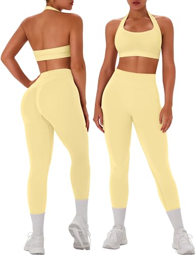 TDIFFUN Women Workout Sets 2 Piece Seamless Scrunch Butt Leggings Padded Halter Sports Bra Matching Set Gym Yoga Outfits (Yellow Large)