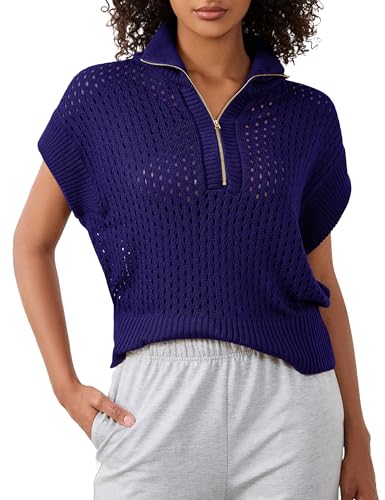 Image of Womens Spring Cap Sleeve Crochet Sweaters Loose Fit Quarter Zip Lightweight Hollow Out Beach Vacations Clothes