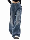 EMMIOL Wide Leg High Waisted Jeans for Women with Distressed Look Deep Blue S