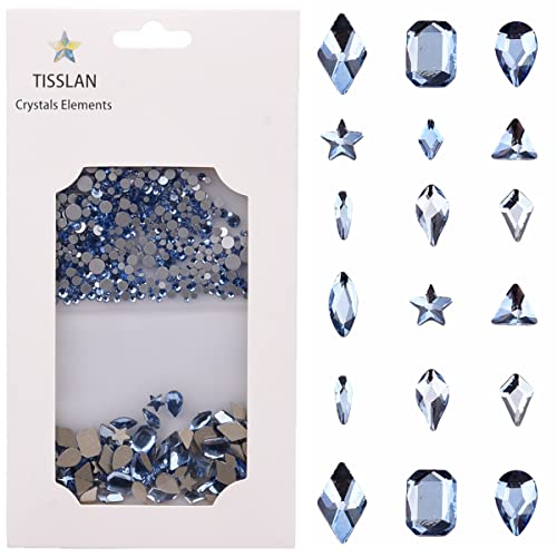 Tisslan 820pcs Light Blue Nail Rhinestones Multi Shapes & Sizes for Nails