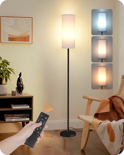 Image of Dimmable Floor Lamp for Living Room with Remote and Foot Switch, Corner Floor Lamp, Modern Standing Tall Lamp, 10W 900LM LED Bulb Included, 3000K-6500K, Linen Shade, Weighted, FCC Listed CW06LD05W1