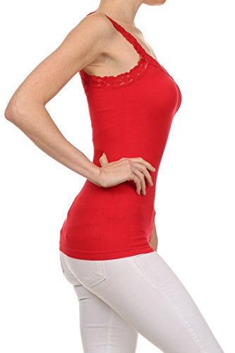 ICONOFLASH Seamless Nylon Spandex Tank Top with Stretch Lace Trim, Red