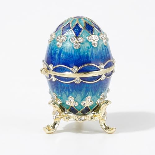 Image of JISADER Blue Fabergé Style Egg Trinket Box, Hand Painted Enamelled Jewellery Organiser with Sparkling Rhinestones, Hinged Metal Keepsake Ornament for Home Decor, Easter & Birthday Gifts