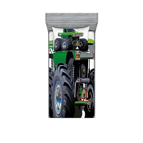 Ambesonne Cars Fitted Sheet & Pillow Sham Set, Giant Monster Pickup Truck Large Tires and Suspension Extreme Biggest Wheel Print, Decorative Printed 2 Piece Bedding Decor Set, Twinxl, Green Grey