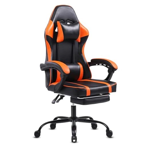 HOTOSYCH Chaise Gaming pour Adulte, Chaise de Bureau Ergonomique avec Dossier réglable, Fauteuil Gaming avec Appui-tête et Soutien Lombaire, Siege Gaming Rotatif avec Accoudoir (Coussin Plat, Orange)