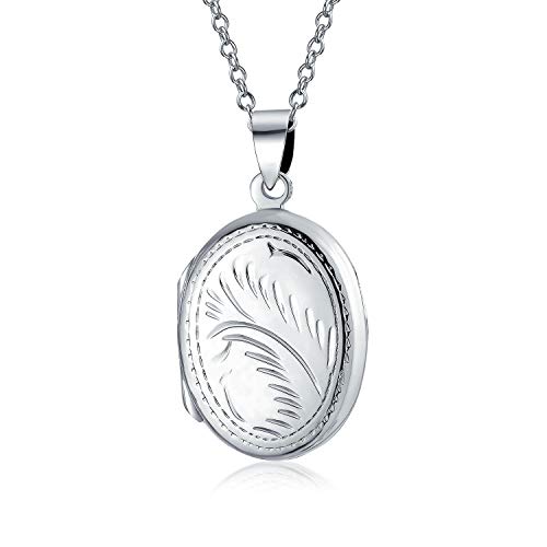 Bling Jewelry Vintage Style .925 Silver Oval Shape Lockets for Women Personalized Engrave Floral Leaf Photo Locket Necklace Pendant Medium Size Holds Pictures