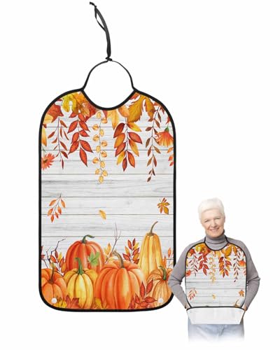 LEOKOTI Burnt Orange Fall Adult Bibs for Eating, Waterproof Bibs with Food Catcher & Adjustable Snap Closure, Maple Leaf Pumpkins Thanksgiving Washable Clothing Protectors Adult Bibs for Elderly
