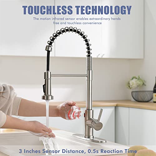 Image of GIMILI Touchless Kitchen Faucet with Pull Down Sprayer, Motion Sensor Smart Hands-Free Activated Single Hole Spring Faucet for Kitchen Sink, Brushed Nickel