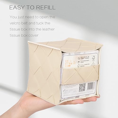 Tissue Box Cover PU Leather Square Tissue Holder Facial Peper Organizer Dispenser for Bathroom, Bedroom, Vanity Countertop, Office, Car, Beige