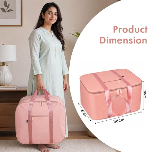 Image of Storite Nylon Big Underbed Storage Bag Moisture Proof Cloth Organiser with Zippered Closure and Handle(Peach, 56x46x30cm) Rectangular