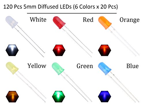 Image of 120pcs 5mm 6 Colors x 20pcs Assorted Colors Lights LED Diodes Diffused Round Top 29mm Long Feet +200pcs 12V Resistor Included / Transparent Bulb Lamps Light Emitting Diode
