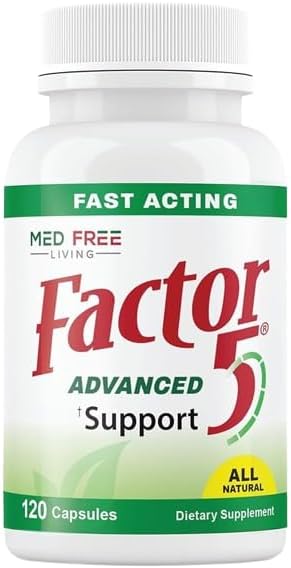 Factor 5 Med Free Living Suplemento de apoyo avanzado con cúrcuma, ortiga, cola de caballo, ajo y semillas de apio, apoya la comodidad de las
