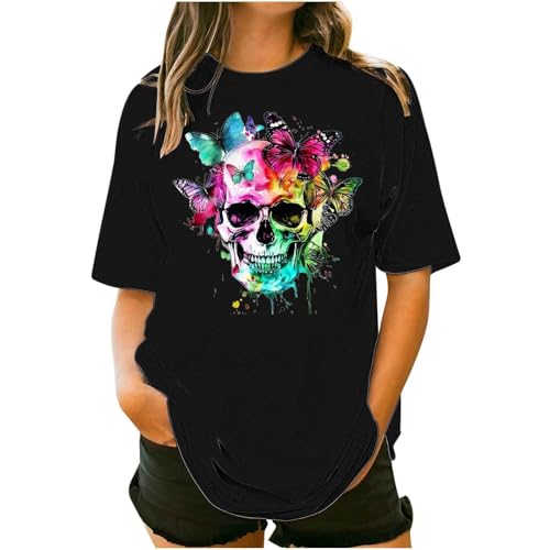 Gothic T Shirts for Women UK Halloween Skull Skeleton Butterfly Graphic Tops Plus Size Short Sleeve Crewneck Oversized Tees Shirts Steampunk Pattern Pullover Tops Sporty01 Black XXL