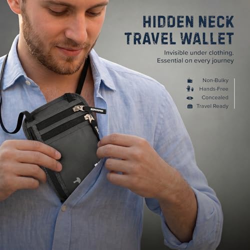 Image of Neck Wallet for Travel & Passport Holder with RFID Blocking - Slim & Easy to Conceal Nylon Travel Pouch for men & women - Holds Phone, Cash, Cards, Keys - Sweat & Water Resistant - Large - Dark Grey