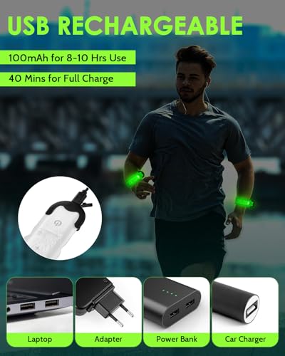 Fitense Led Armband Aufladbar, 2 Stück Reflective Leucht Armbänder Leuchtarmband, USB Lichtband Armband, Leuchtbänder Reflektorband Nacht Sicherheits Licht für Joggen, Laufen, Hundewandern, Radfahren