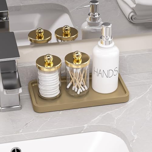 Image of Weenson Gold Bathroom Vanity Tray for Countertop Makeup Perfume Jewelry Decor Candle Keys, Bamboo Kitchen Tray for Soap Dispenser Spice, Small Toilet Tray Nightstand 7.9 inch L x 4 inch W x 0.79 inch H