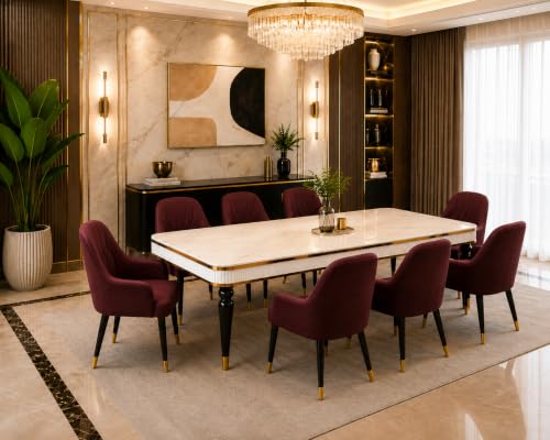 Image of 8 Seater Dining Table Set with Nano Composite Marble Top, Solid Wood Base & 8 Upholstered Chairs, Modern Dining Table Set for Home & Dining Room Furniture