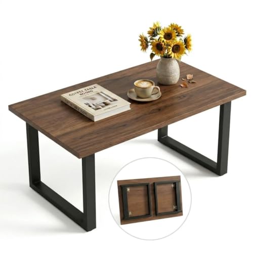 kiwonlonker Walnut Folding Coffee Table:Rustic Industrial Coffee Table No Assembly Required Modern Minimalist & Easy Storage Compact Design for Living Room Bedroom Home Office Walnut