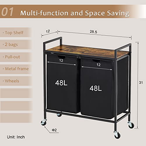 Daelifker Double Laundry Hamper With Wheels And Shelf, Rolling Laundry Basket Sorter Cart 2 Section, Dirty Clothes Hamper For Laundry Room Organization (Rustic Brown + Black) #TOP5