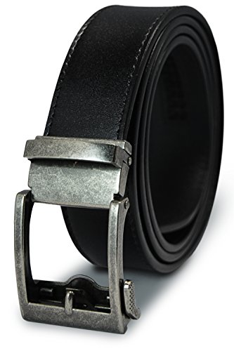 Classic Men's Leather Ratchet Click Belt - Antique Silver Buckle with Charcoal Black Leather Belt (Trim to Fit: Up to 35'' Waist)