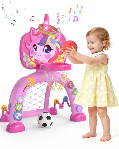 MAGTHIC Toddler Basketball Hoop & Soccer Goal, Baby Toys for 1 2 3 Year Old Girls, Kids Sports Toys with Light Sound Music, Unicorn Musical Toys Gift, Christmas Birthday Gifts for Ages 12-18 Months