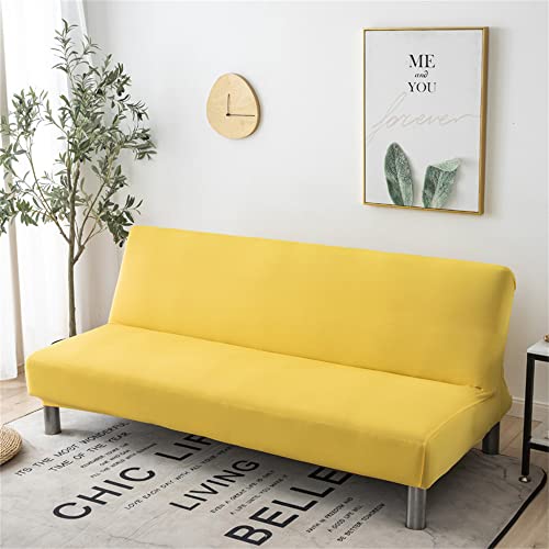 Surwin Armless Sofa Bed Cover, Solid Color Non Slip Washable Stretch Futon Slipcover Protector for 2 Seater/3 Seater Folding Sofa Bed without Armrests, 20 Colors (190-220cm,Yellow)