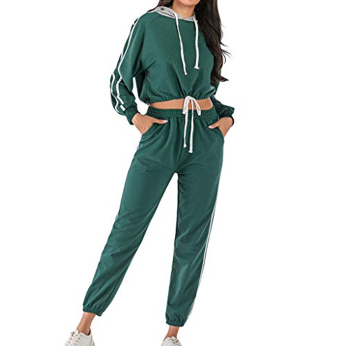 Women Sweatsuits Women's 2 Pcs Tracksuit Round Neck Long Sleeve Top Stripe Long Pants Jumpsuit Outfits Set Green