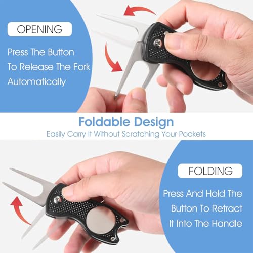 QEEROYO 2Pcs Golf Divot Repair Tool, Metal Foldable Golf Divot Tool, Golf Pitch Mark Repair Tool, with Pop-up Button & Magnetic Ball Marker Pitch Mark, Lightweight, Portable, Best Choice for Golfers - Image 5