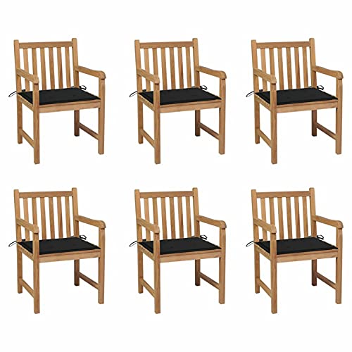 LAPOOH Sillas de jardín 6 uds, Sillas Terraza Exterior, Silla Playa Jardin, Sillas Exterior Jardin, Sillas Balcon, Madera Maciza de Teca Cojines Negro
