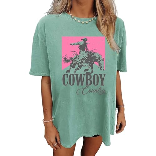 Cowboy Country Oversized T-Shirt for Women Western Rodeo Graphic Tee Loose Casual Cowgirls Short Sleeve Shirt Tops Green