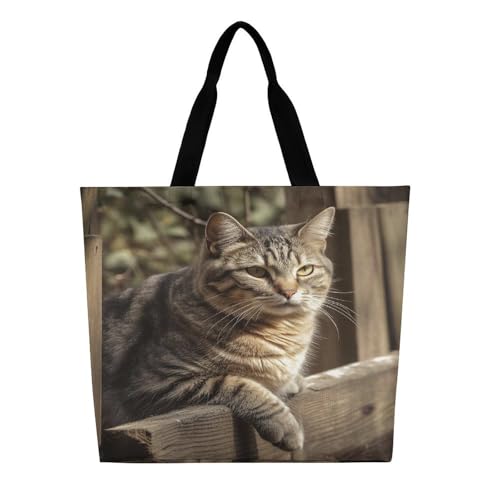 Women's Multi-Functional Shopping Bag，Cat on Wooden Fence Printing Messenger Bag Shoulder Bag for Travel, Work, Shopping & Parties with Inner Pocket, Grocery Bag Lightweight & Water-Resistant3