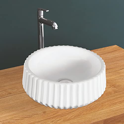 Kemjo Ceramic White Table Top Wash Basin with Accessories | 14.56 x 14.56 x 5.31 inch | WT-Canvas