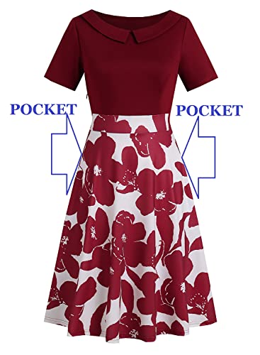 Image of Women's Elegant Vintage Dresses Knee Length Casual Floral Print Work Party Peter Pan Collar A-Line Dress with Pockets 978