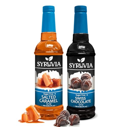Syruvia Sugar-Free Salted Caramel & Sugar-Free Swiss Chocolate Coffee Syrup - 25.4 fl oz Premium Coffee Flavoring Syrup. 0 Calories, Kosher, and Gluten-Free. Ideal for Drinks, Desserts, and More.