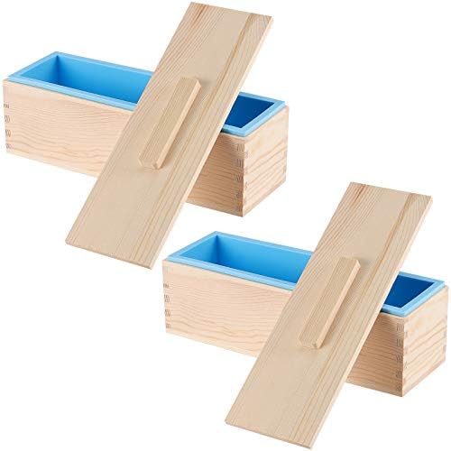 KOHAND 2 PCs 42oz Silicone Soap Loaf Mold with Wood Box and Lid, Rectangular Loaf Soap Making Molds, Pinewood DIY Soap Making Tools for Total Homemade Soap Supplies, Blue