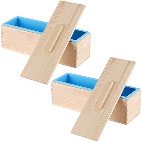 FAATCOI 2 PCs Silicone Soap Loaf Mold with Wood Box and Lid, Rectangular Loaf Soap Making Molds, Pinewood DIY Soap Making Tools for Total 84oz Homemade Soap Supplies (Each 42oz), Blue Cover