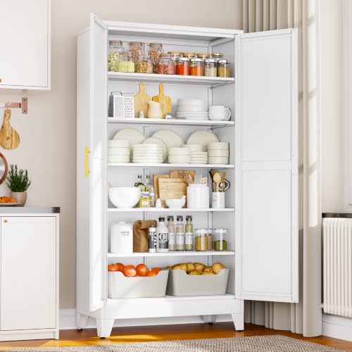 Image of winiowa 78.7 inch Tall Metal Pantry Cabinet, Kitchen Storage Organizer, White | with 2 Doors and 5 Adjustable Shelves, Versatile Storage Cupboard for Kitchen, Laundry, Dining & Utility Room