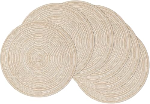 LKTOCAFT Round Braided Placemats Set of 6 Table Mats for Dining Tables Natural Woven 15 inch Washable Non-Slip Heat Resistant Kitchen Place Mats(Round Beige 6pcs)