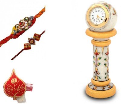Purpledip Rakhi Hamper, Marble Table Clock, Set of 2 Rakhis & Auspicious Roli Chawal Tika (Rakhi3a)