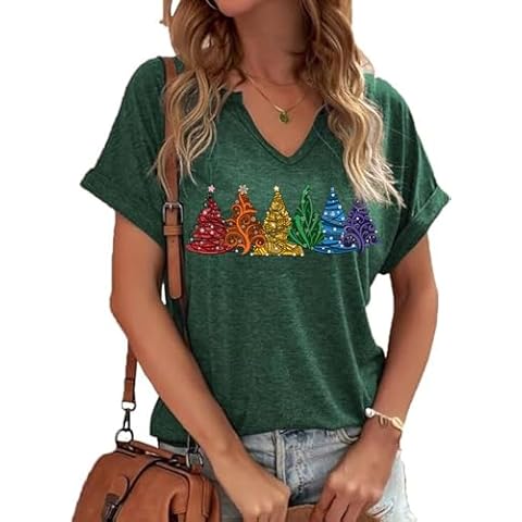 Earlymemb Womens Colorful Christmas Tree V Neck Shirt Funny Xmas Star Graphic Tee Winter Holiday Short Sleeve Gift Tops Blouse(L,I-Green) Cover