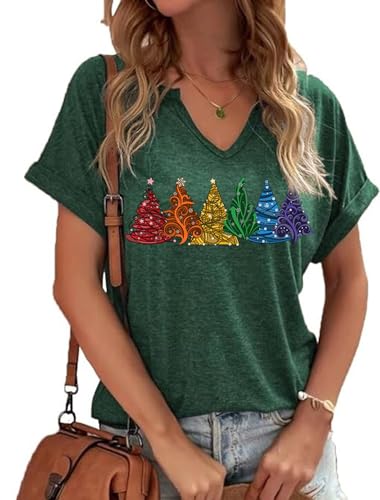 Earlymemb Womens Colorful Christmas Tree V Neck Shirt Funny Xmas Star Graphic Tee Winter Holiday Short Sleeve Gift Tops Blouse(L,I-Green)