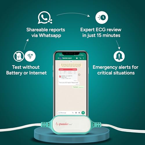 Image of Sunfox Spandan Neo ECG Device (with 2 Electrode Packs) | Portable Heart Rate & AFib Monitor | 12 Lead ECG with 3 Leads | Instant 10s Reports | Mini ECG Machine for Home Use