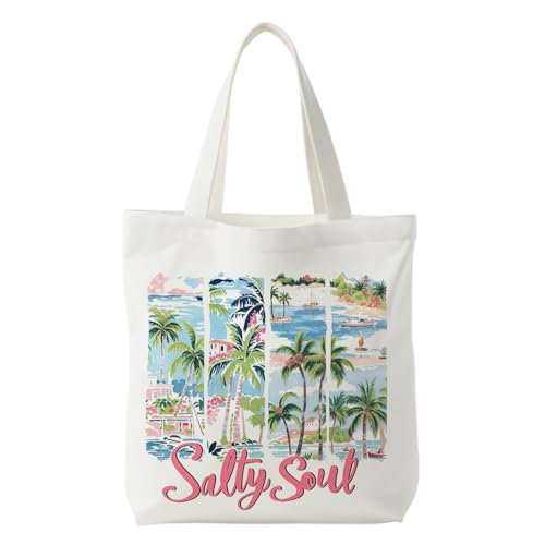 NATSUNO Tropical Beach Canvas Tote Bag, Beachy Gifts for Women Beach Lovers, Watercolor Tropical Coastal Beachy Salty Soul Canvas Tote Bag for Women, Reusable Grocery Bags Shopping Bags
