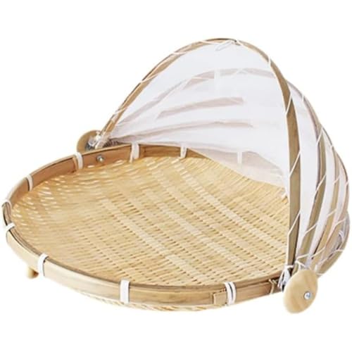 LUCKADD 竹ざる 梅干し ザル 干物ネット 青竹盛皿 水切りザル 干し野菜バスケット 円形 可動式フタ 防塵 害虫制御 通気 乾燥 陰干し 手作り 天然竹製 収納 保存 素朴 美観 実用 使いやすい 竹ざるに網カバー 台所用品 (大きいサイズ(43×