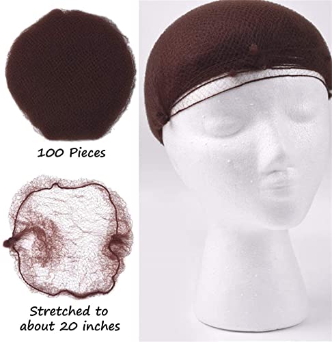 Hair Net 100 Pcs, Smilco 20 Inches Elasticity Invisible Elastic Mesh Wig Nets for Hair Bun Making Ballet Dancer Kitchen Food Serive (Brown)