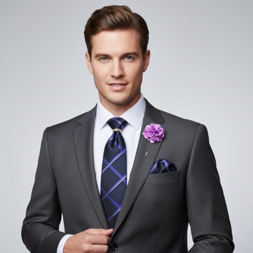 Image of 5PCS Mens Premium Silk Tie, Pocket Square, Cufflinks, Drilled Tie Ring and Lapel Pin Set for Wedding Groom Party