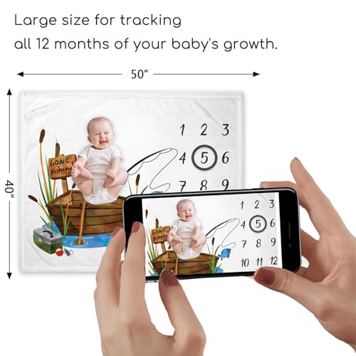 Image of Yuzioey Gone Fishing Baby Milestone Blanket with Birth Stat Sign (50 inchx40 inch) | Gone Fishing Growth Chart Monthly Blanket, Watch Me Grow Boat Baby Nursery for New Moms Shower