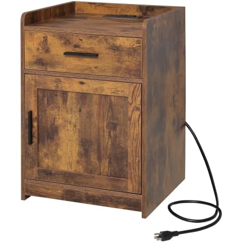 WEENFON Rustic Nightstand with Charging Station, Bed Side Tables with Storage Drawer, Sofa Table with USB Ports and Outlets, Adjustable Shelf, End Table, Side Tables Fit Small Space Cover