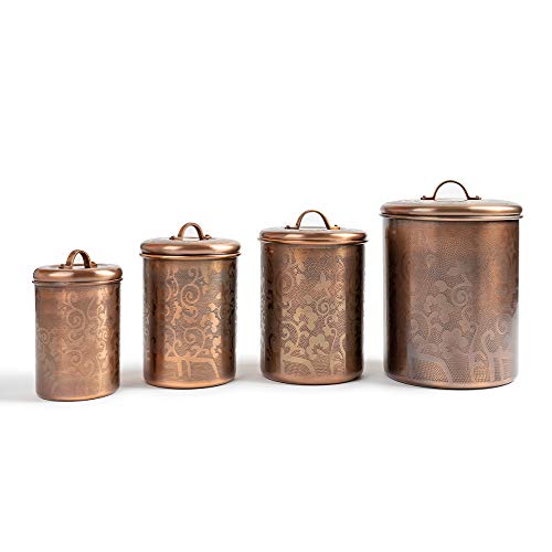 nu steel Etched Antique Copper Stainless Steel 4pc Canister Set, Beautiful Food Storage Container for Kitchen Counter, Tea, Sugar, Coffee, Caddy, Flour Canister with Rubber seal lid, TG-1392AC-SET4